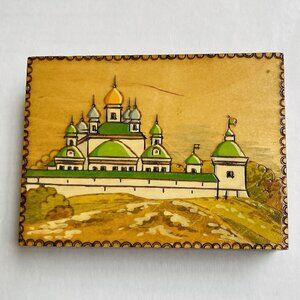 Vintage Russian Wooden Trinket Jewelry Box Hand Carved Painted Gift Decor Stamp